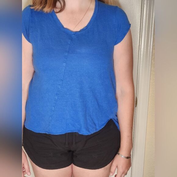 Vtg TAHARI L RoyalBlue 100% LINEN Scoop Neck HiLow Slub ShrtSlve Knit Women Top - Picture 1 of 7